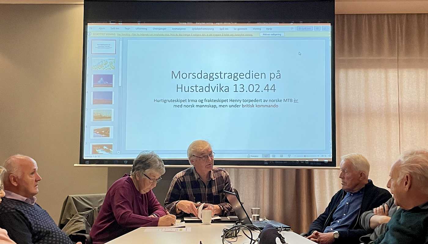 Skipsfører John H.Kvalshaug orienterte om torpederingen av hurtigruteskipet "Irma" og lasteskipet "Henry" på medlemsmøte 9.nov. 2022.